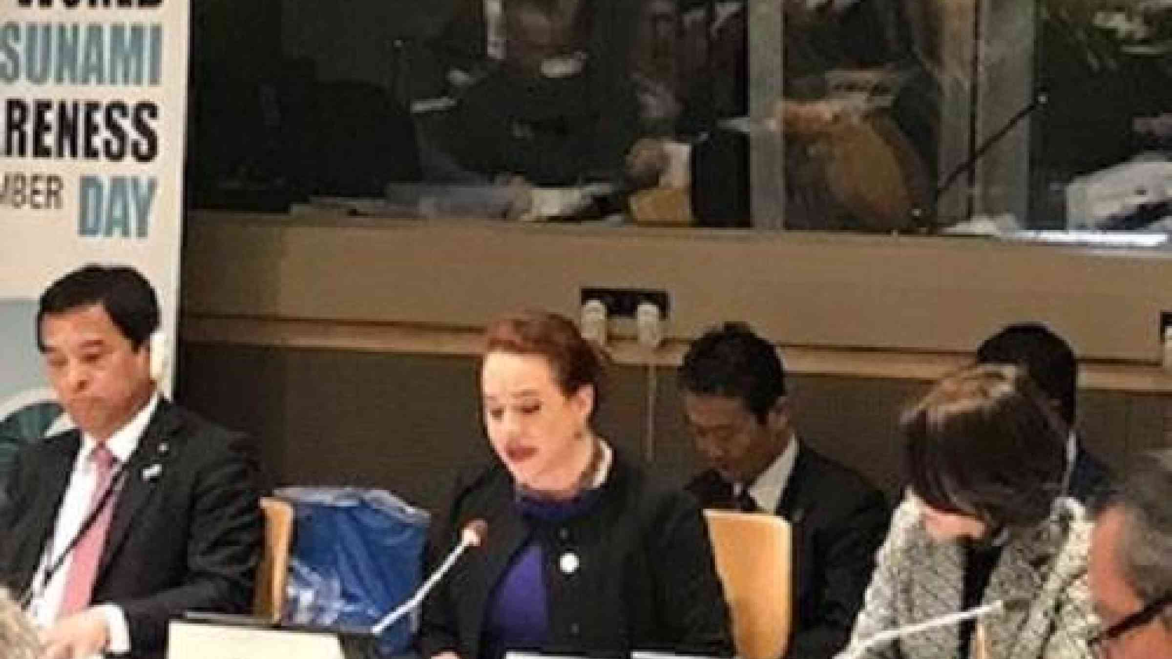María Fernanda Espinosa Garcés, President of the UN General Assembly, opening the tsunami panel discussion at UN HQ in New York.
