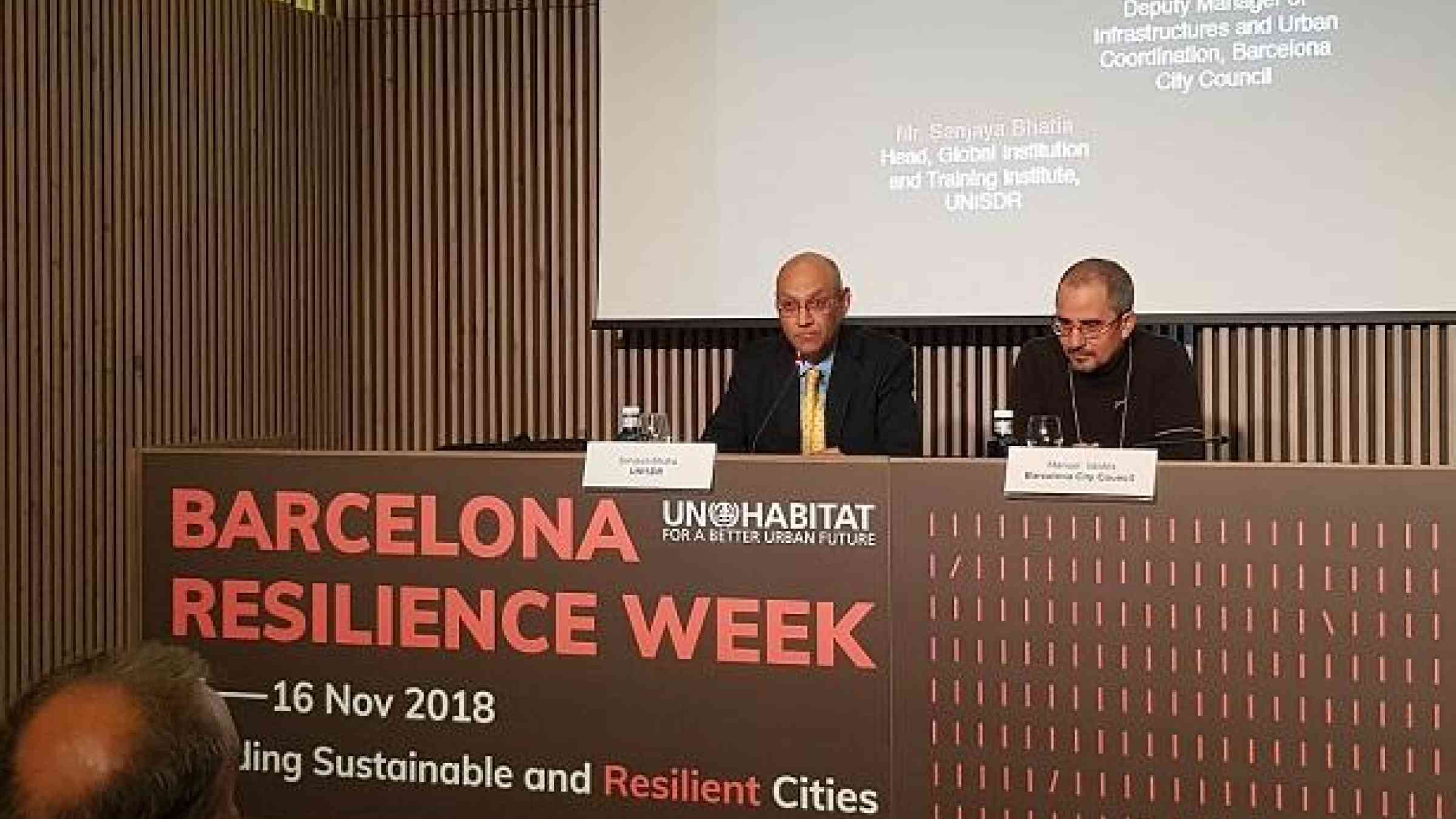 Sanjaya Bhatia, UNISDR and Manuel Valdes, Barcelona City Council, speaking at the opening of Barcelona Resilience Week
