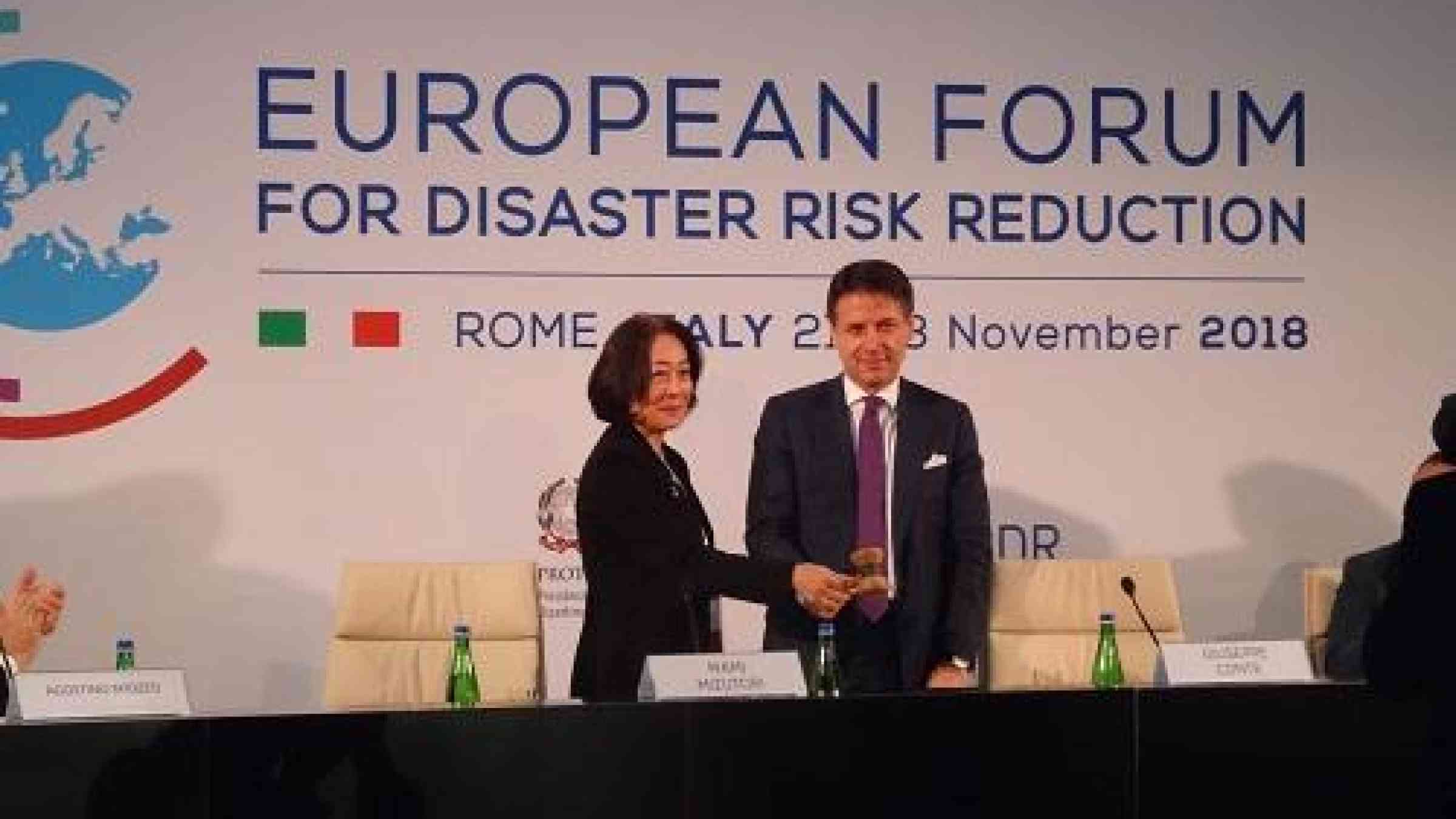 The head of UNISDR, Mami Mizutori, and the Prime Minister of Italy, Giuseppe Conte, declare open the European Forum for Disaster Risk Reduction
