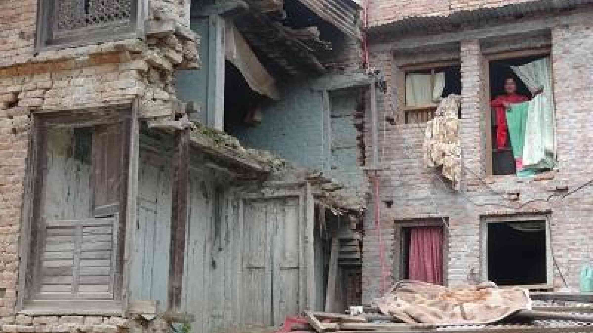 A partly repaired house in the historic Bungamati district of the Kathmandu Valley