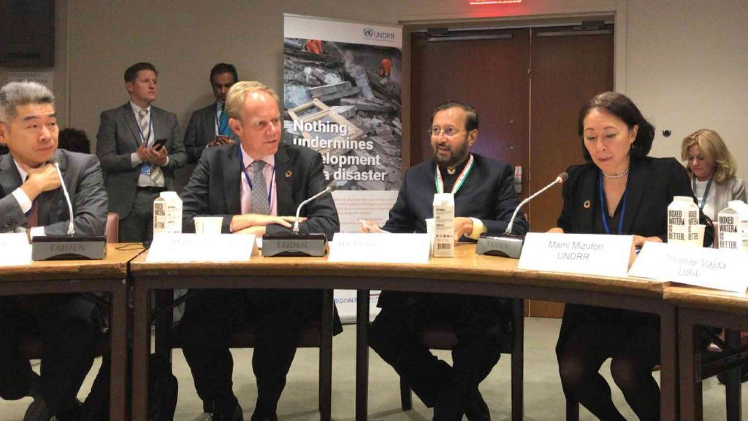 Prakash Javadekar, India’s Minister for Environment and Climate Change (centre), Matthew Rycroft, permanent Secretary for the UK Department for International Development (left) and Mami Mizutori, Head of the UN Office for Disaster Risk Reduction at the coalition event in New York.