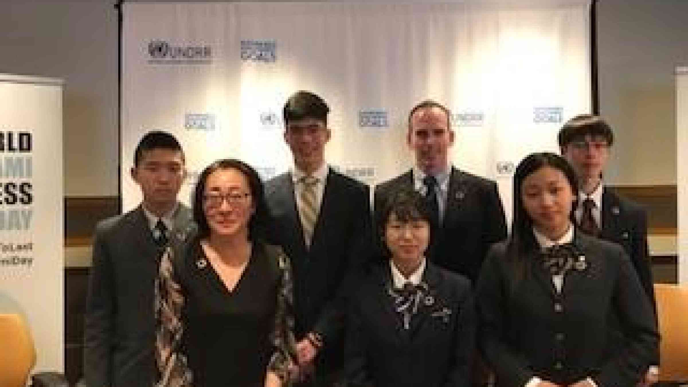 Mami Mizutori with five young representatives from the High School Student Summit and Marc McDonald from the AARP Foundation at the Intergenerational Dialogue.
