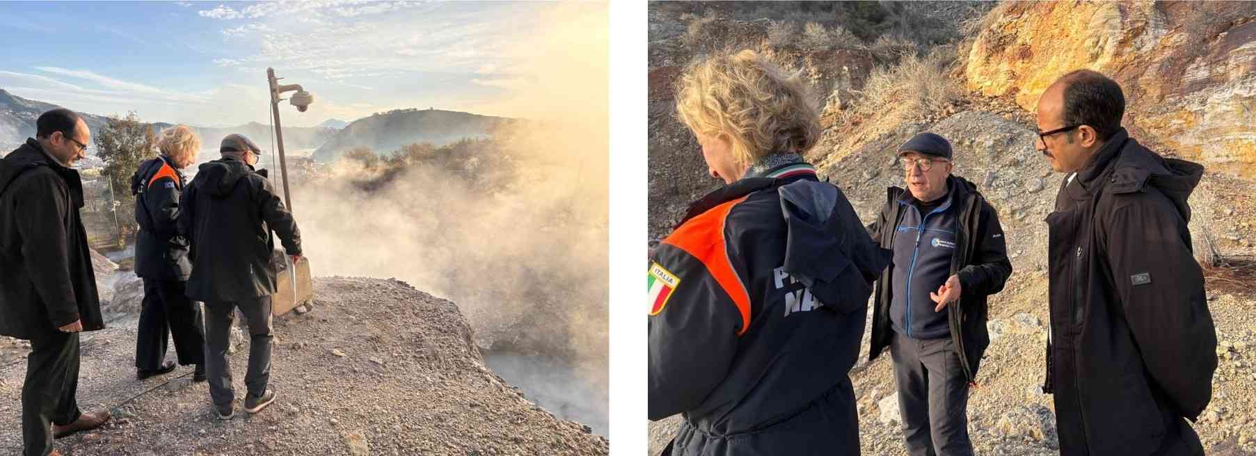 Experts inspecting steaming volcanic terrain in Italy