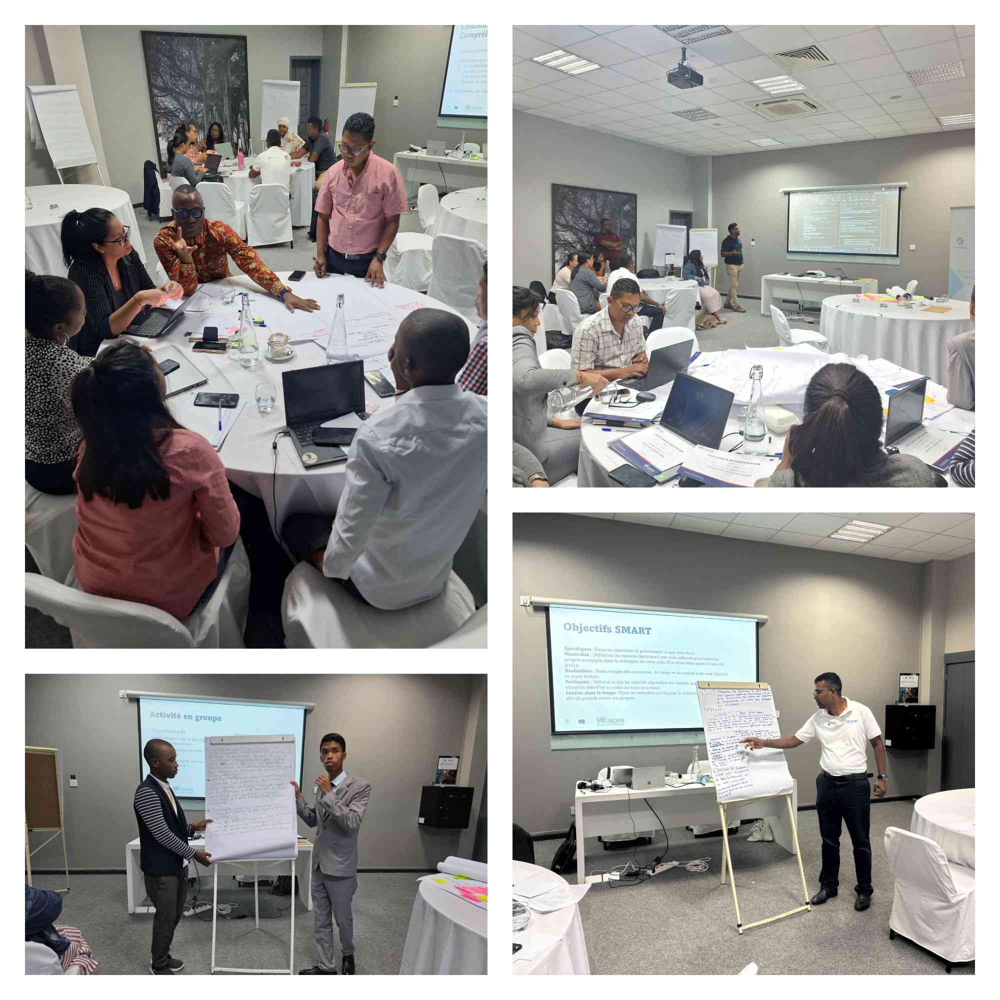 Group presentations and exercises during a workshop on risk communications in Mauritius