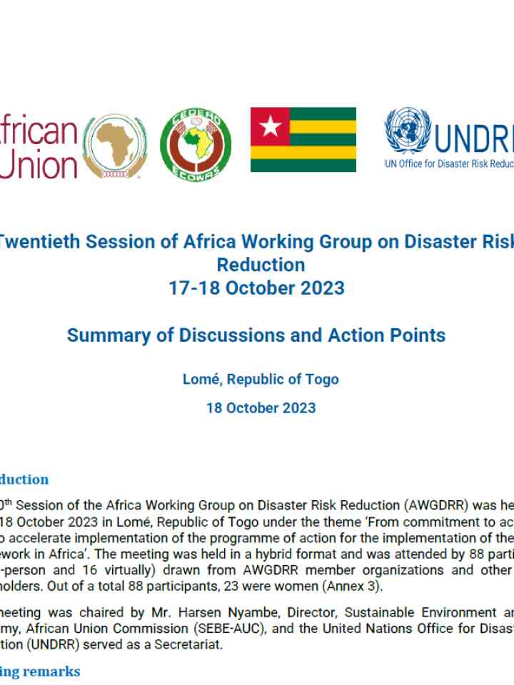 Front page of the report on the 19th African Working Group on DRR 