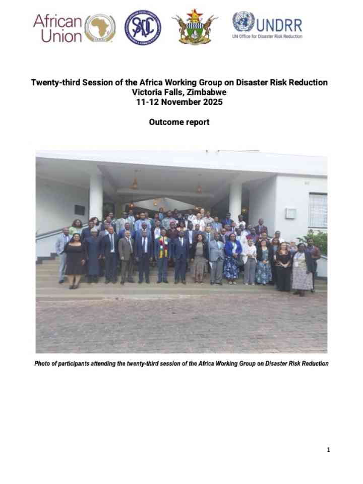 The image shows the cover page of the outcome document for the 23rd Session of Africa Working Group for Disaster Risk Reduction