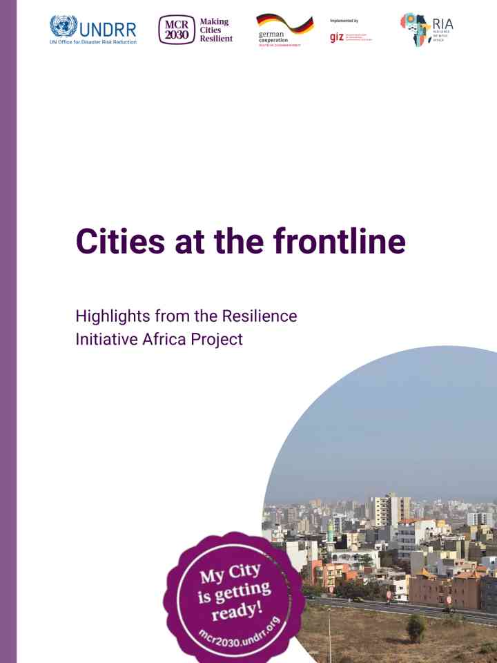 Cover page for the publication "Cities at the Frontline", with project logos at the top, and a circle cropped photo of an urban area in the bottom right corner