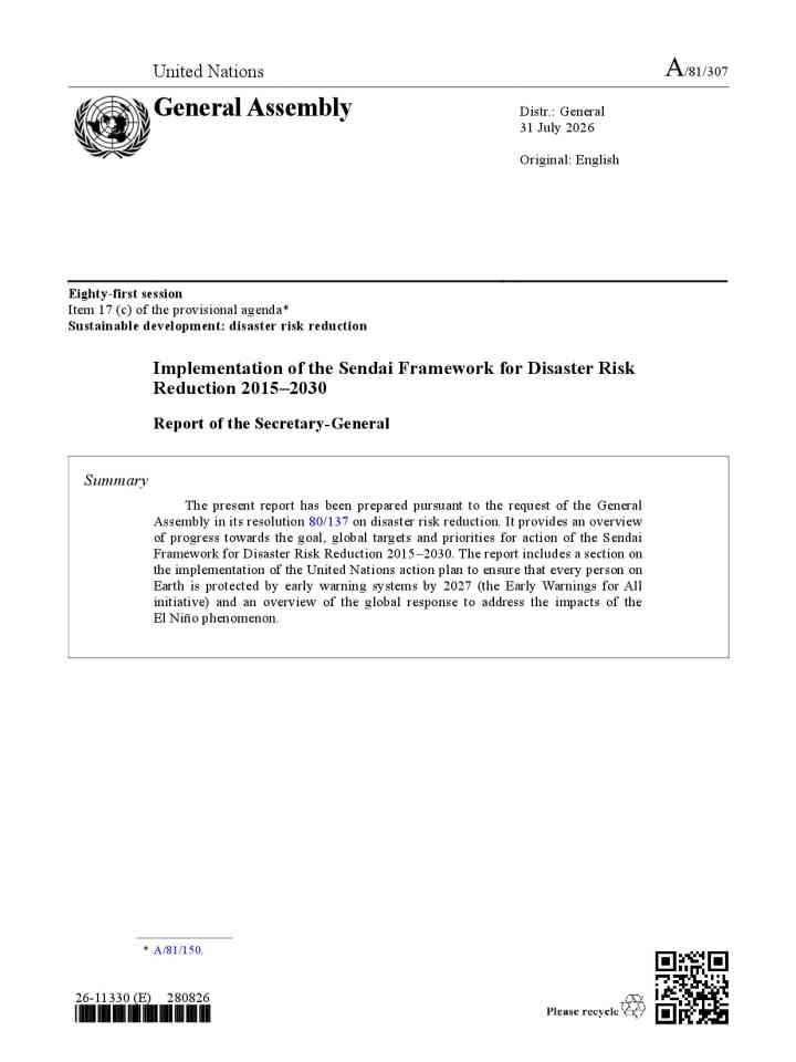 Implementation of the Sendai Framework for Disaster Risk Reduction 2015-2030: Report of the Secretary-General thumbnail
