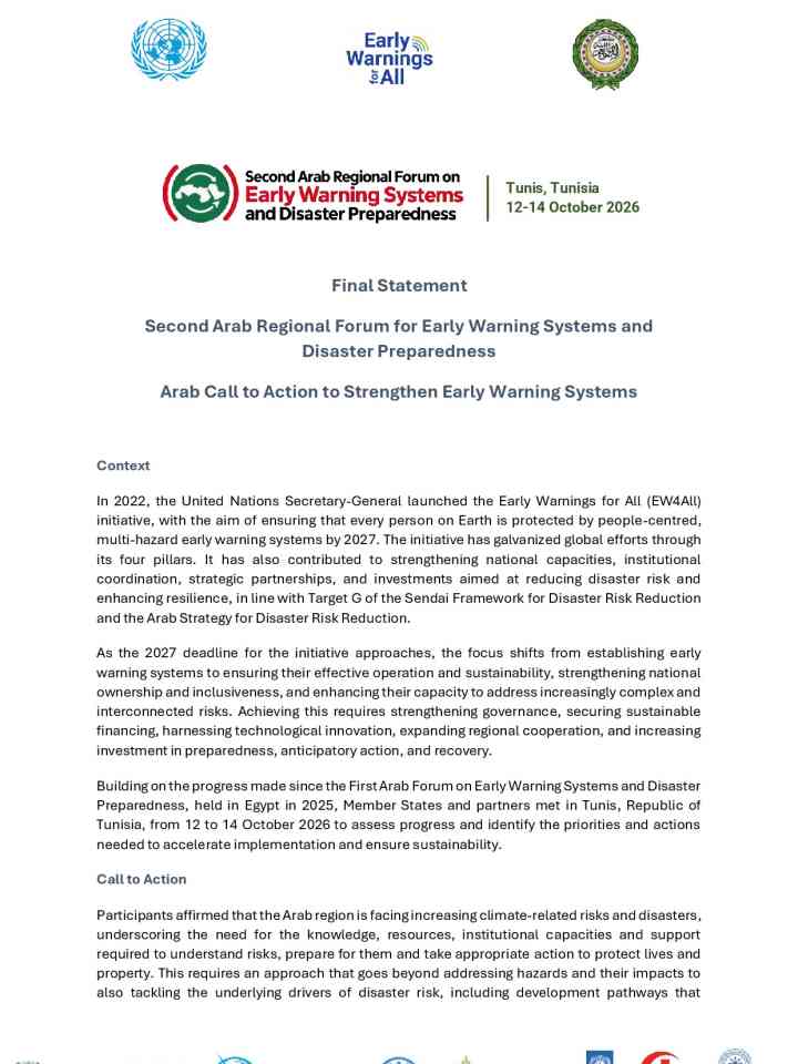 Final Statement Second Arab Regional Forum for Early Warning Systems and Disaster Preparedness Arab Call to Action to Strengthen Early Warning Systems thumbnail