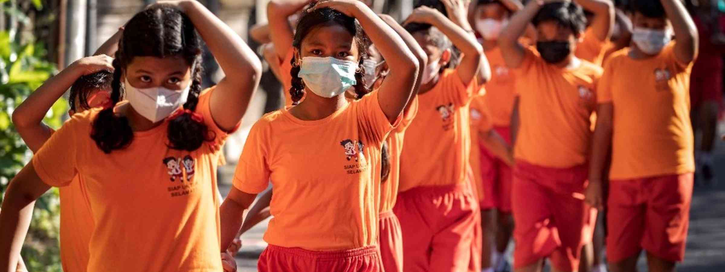 School children in a disaster readiness test