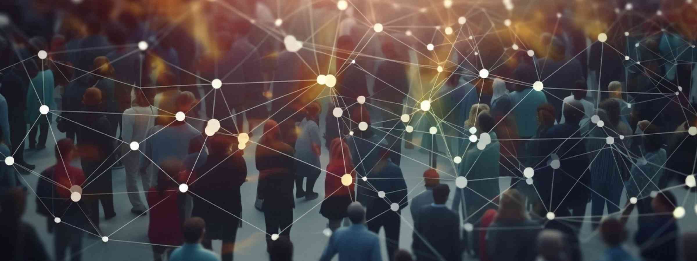Smart city, line and communication pattern design for networking, connection and society for group of people. Closeup, ai generated and social gathering with graphic visual grid for global system 